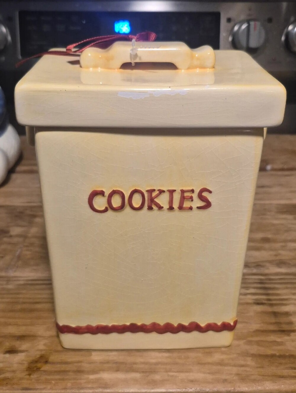 Vintage 1990s Cream Ceramic Cookie Jar with Red Lettering Brand NEW